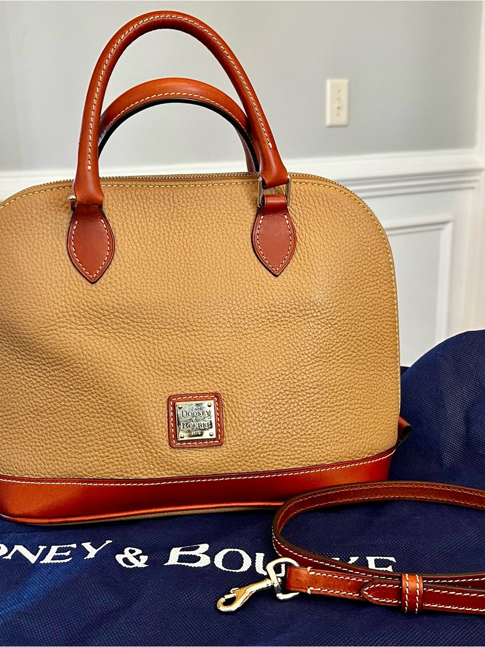 Dooney & Bourke Tan Pebbled Leather Dome Satchel with Brown Trim with Dust Bag